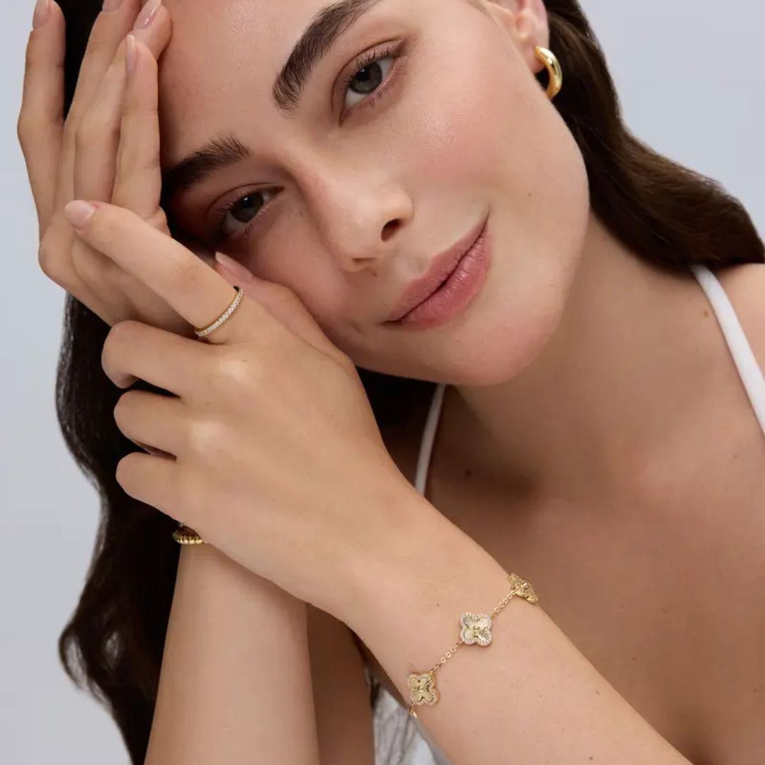 Set Cadena y Bracelet Trebol Bañado en Oro 14K