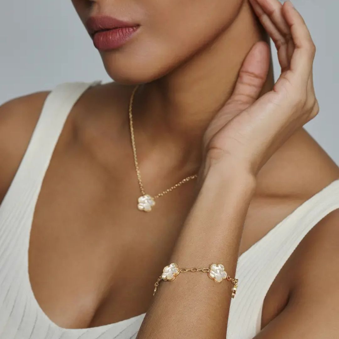 Set Cadena y Bracelet Trebol Bañado en Oro 14K