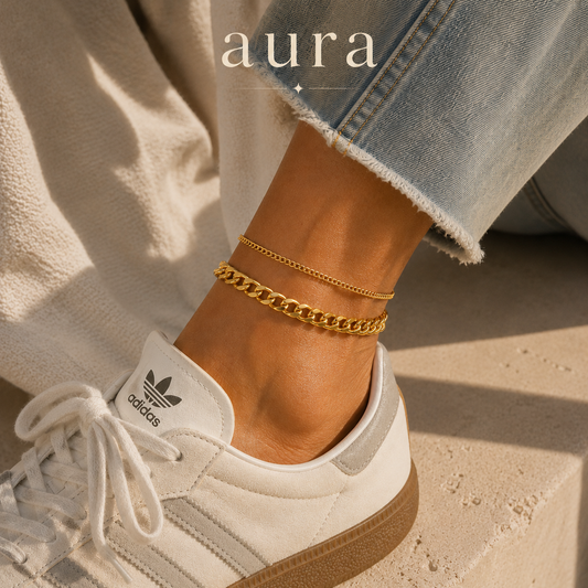 Aura™ Cuban Gold Link Anklet Set