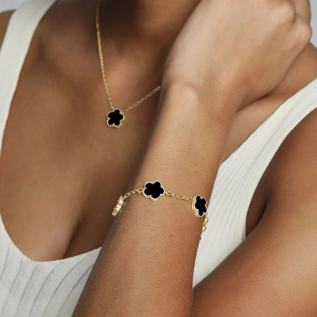 Set Cadena y Bracelet Trebol Bañado en Oro 14K